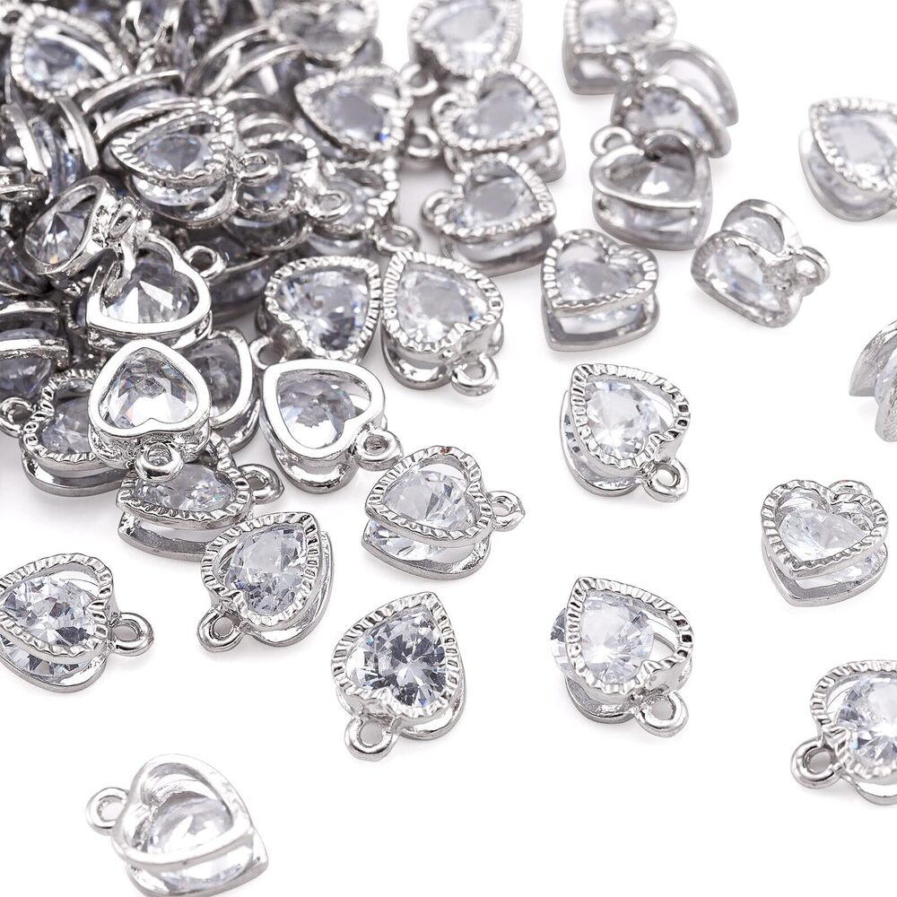 2576 Beadthoven 100pcs Cubic Zirconia Alloy Charms Heart Shaped Platinum